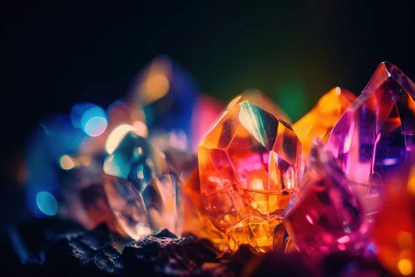 a close up of a bunch of different colored diamonds on a black background with a blurry light in the middle of the image and the middle of the image.