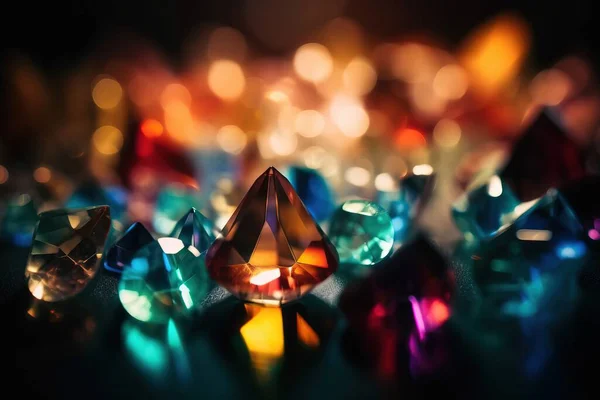 a group of different colored diamonds on a black surface with a blurry light in the backround of the image behind them is a black background.