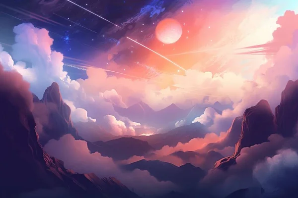 a painting of a mountain landscape with a sky full of stars and clouds and a shooting star in the sky above the clouds and mountains.