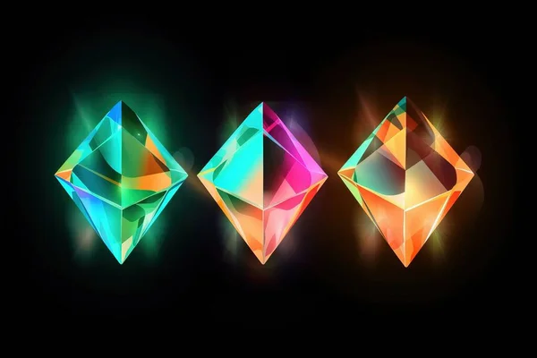 three different colored diamond shapes on a black background with a bright light coming from the top of the image and the bottom of the image.