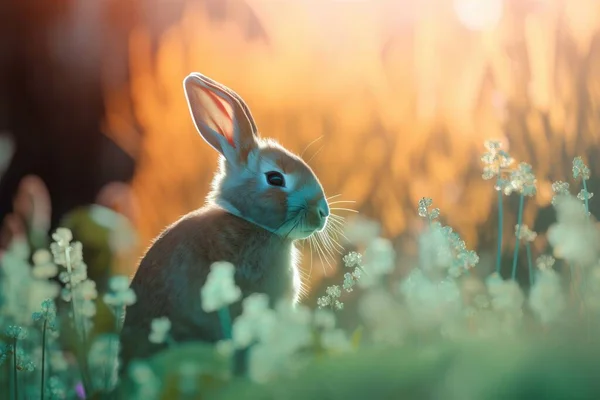a rabbit is sitting in a field of grass and flowers with the sun shining behind it and the grass is green and white with white flowers.