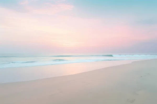 a person walking on a beach with a surfboard in the sand and the ocean in the distance with a pink sky and clouds in the background.