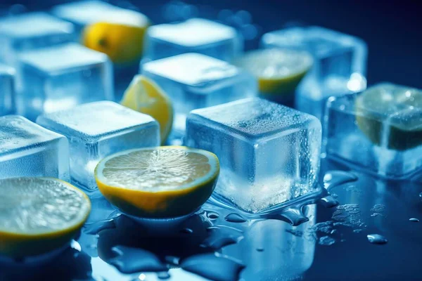 a group of ice cubes with lemons and water on top of them and a slice of lemon in the middle of the ice cubes.