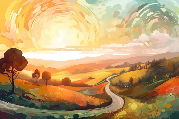 a painting of a landscape with a road going through the center of the picture and trees on the other side of the road, with a sun in the distance.