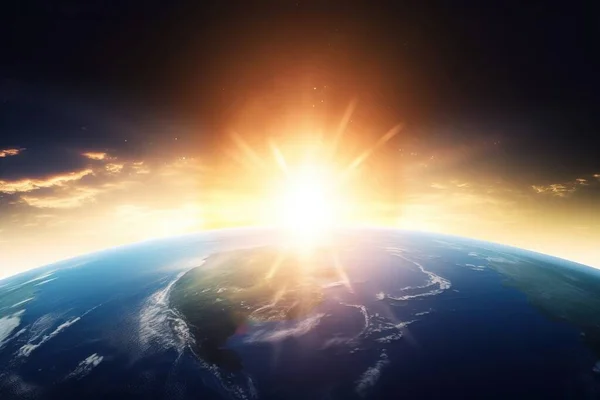 a view of the earth from space with the sun shining through the clouds and the sun shining down on the horizon of the earth\'s horizon.