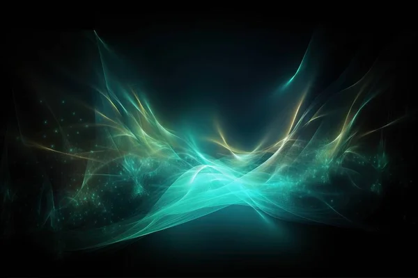 a dark background with a green and yellow wave of light in the middle of the image and a black background with a blue and green wave of light in the middle.