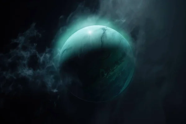 a blue and green planet in a dark sky with smoke coming out of the bottom of it and a bright light shining on the top of the planet.