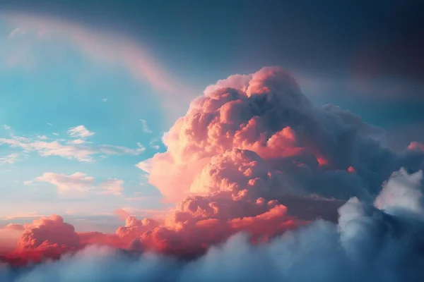 a very large cloud in the sky with a plane flying by in the distance with a bright blue sky behind it and a pink cloud in the middle of the sky.