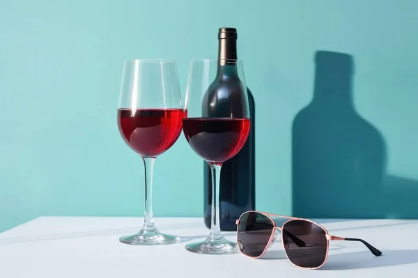two glasses of wine and a bottle of wine on a table with a shadow of a bottle and a pair of sunglasses on the table.