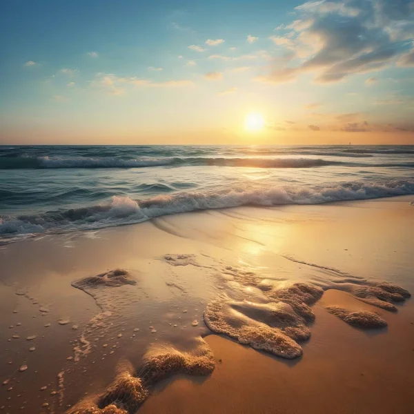 the sun is setting over the ocean with waves coming in and out of the water and sand on the beach with footprints in the sand.