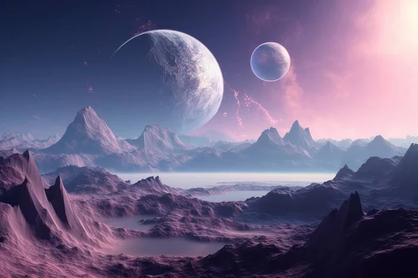 an alien landscape with mountains and planets in the sky, and a distant star in the distance, with a distant star in the distance.