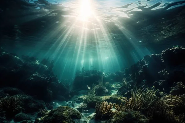 the sun shines through the water over a reef with corals and other marine life on the bottom of the water, creating a beautiful underwater scene.