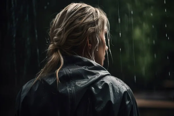 a woman in a black jacket standing in the rain with her hair in a pony tail and ponytail in a pony tail ponytail, wearing a black raincoat.