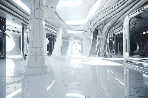 a futuristic looking room with a lot of columns and lights on the ceiling and a lot of mirrors on the walls and ceiling, and a lot of white marble flooring.