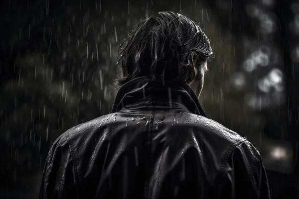 a man standing in the rain in a black jacket and raincoat with trees in the back ground and rain falling on his coat and his head.