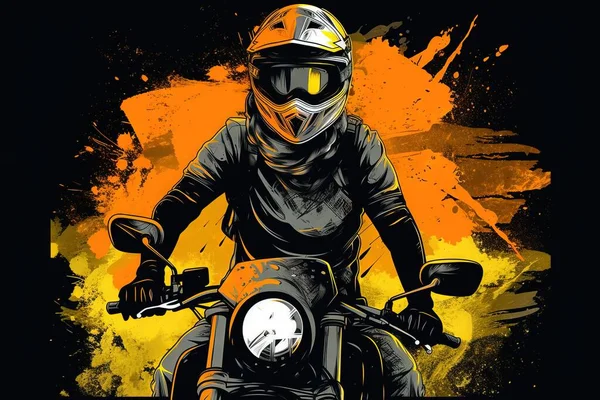 a man riding a motorcycle on top of a yellow and black background with paint splattered around him and wearing a helmet and goggles.