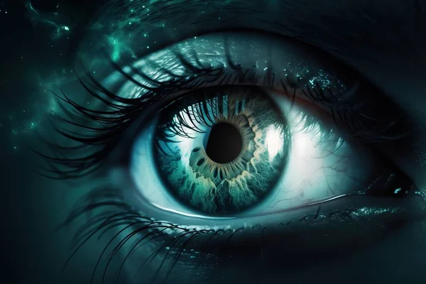 a close up of a blue eye with stars in the sky in the background and a black circle in the center of the iris of the eye.