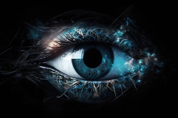 a close up of a blue eye with a black background and a pattern of lines on the iris of the eye and the iris of the eye.