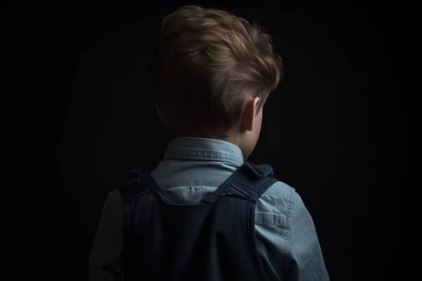 a little boy with a blue shirt and a black vest on a black background looking back at the camera with a serious look on his face.