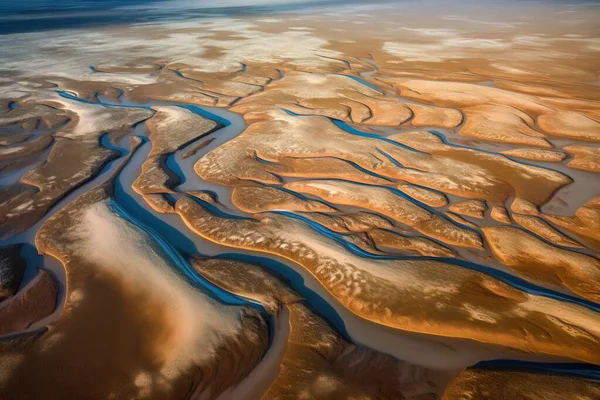 an aerial view of a river running through a desert area with sand dunes and blue water in the foreground and a blue sky in the background.