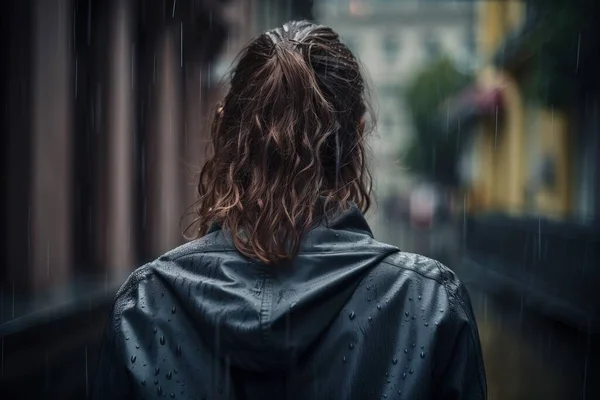 a woman in a black jacket walking down a street in the rain with her hair in the wind and rain drops falling on her jacket.