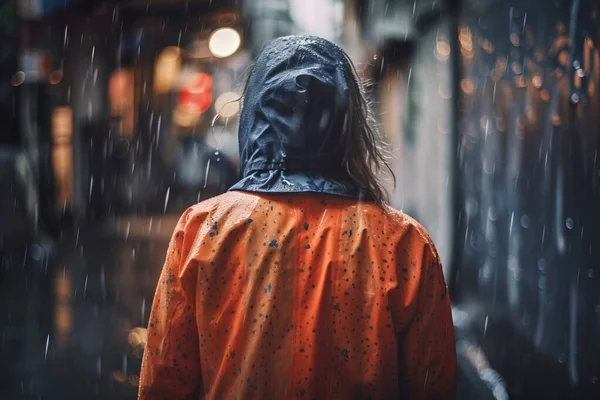 a person in an orange raincoat walking in the rain with an umbrella over their head and a rain jacket on over their head and a city street.