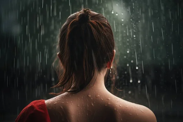 a woman standing in the rain with her back turned to the camera and looking at the rain falling down on her head and her back.