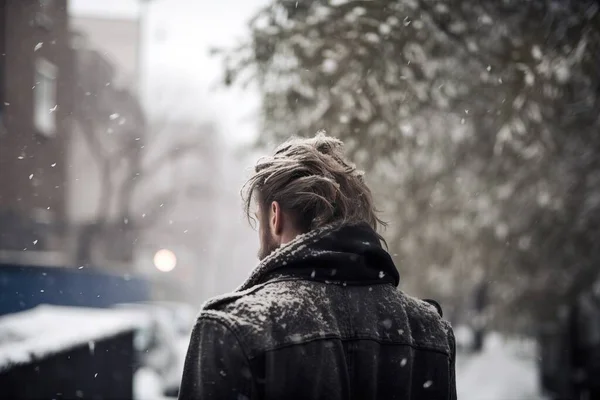 a person standing on a sidewalk in the snow with a jacket on and a scarf around their neck and a tree in the background with snow falling.