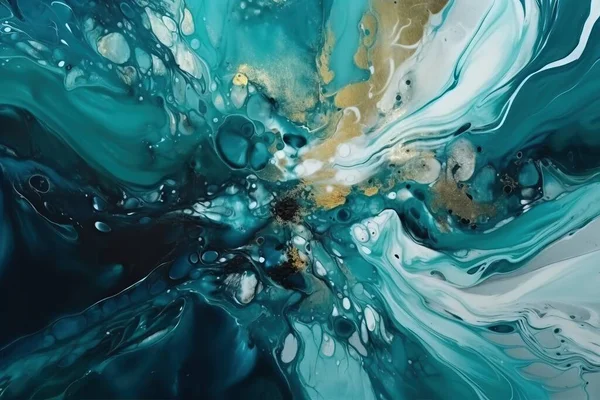 an abstract painting with blue and gold colors and a black background with white, gold, and blue swirls and bubbles on the bottom of the image.