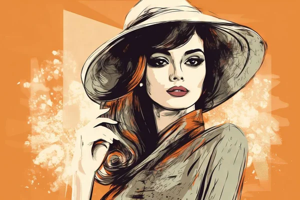 a drawing of a woman with a hat on her head and a dress on her body, with a background of orange and white colors.