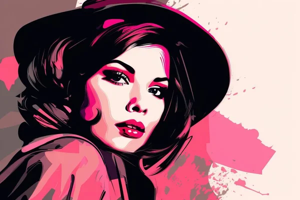 a painting of a woman with a hat on her head and a pink background with a splash of paint on the side of her face.