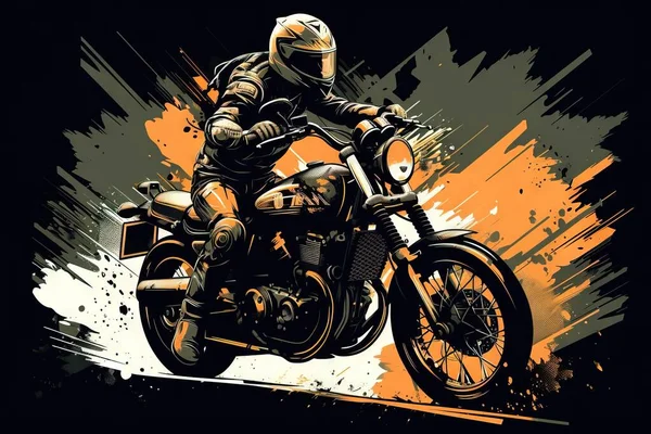 a man riding a motorcycle on a dirt track with orange and black paint splatters on the background of the image and the rider.