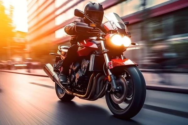 a person riding a motorcycle on a city street at night with the sun shining on the building behind them and the motorcycle is in motion.