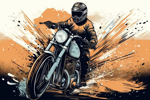 a man riding a motorcycle on a dirt track with splashes of paint behind him and a helmet on the back of the bike,.