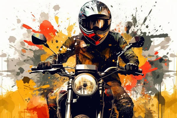 a person riding a motorcycle on a colorful background with paint splattered around it and a helmet on the back of the motorcycle,.