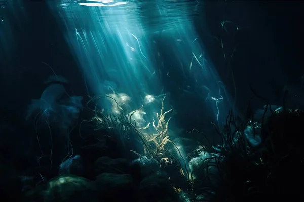 a painting of a underwater scene with fish and plants in the foreground and sunlight streaming through the water\'s surface, with a light shining on the water surface.