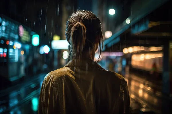 a woman standing in the rain at night with her hair in a bun and a train in the background at a train station at night time.