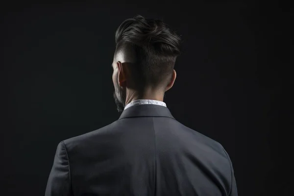 a man in a suit and tie with his hair in a bun and a beard in the back of his head is looking away from the camera.