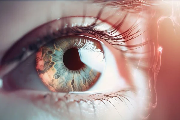 a close up of a person's eye with the iris partially closed and the iris partially closed, with a red and blue background.