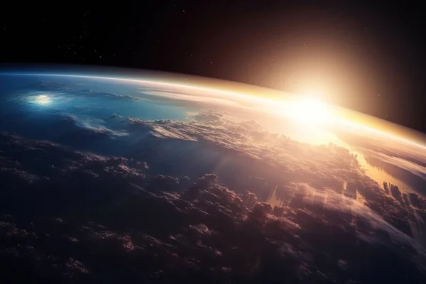 a view of the earth from space with the sun shining through the clouds and the sun shining down on the horizon of the earth\'s horizon.
