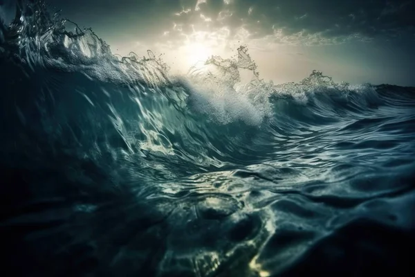 the sun is shining through the clouds over the ocean waves in the ocean, as seen from the water\'s surface in this artistic photograph.
