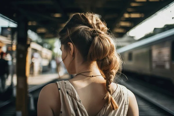 a woman with a braid standing in front of a train at a train station with a train in the background and a train passing by.