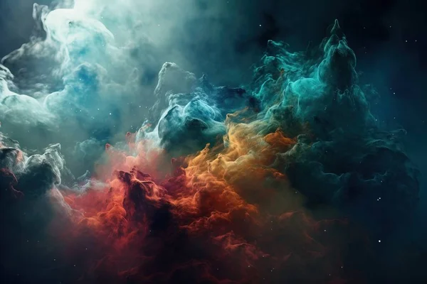 a colorful cloud of smoke is shown in the dark sky with a bright light shining through the clouds and the colors of the smoke are red, blue, orange, yellow, and green, and red.