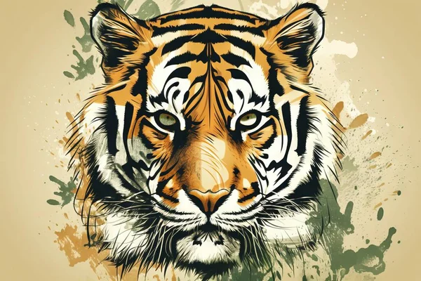 a tiger\'s face is shown with a splash of paint on the background of the image of a tiger\'s head, which is very large and has a slightly to the foreground.