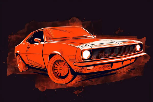 an orange muscle car painted in a dark room with a red background and a black background with a red and white stripe across the front of the car. .