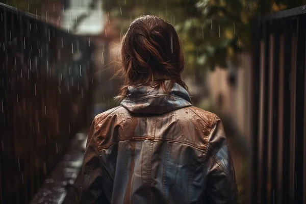 a woman walking down a rain soaked street in a brown leather jacket with a hood up and a scarf around her neck and a tree in the background.