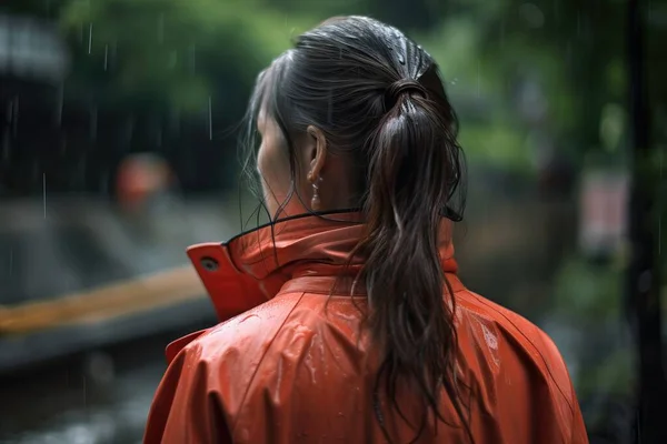 a woman in a red jacket standing in the rain with her back to the camera and looking at a train track in the distance,.