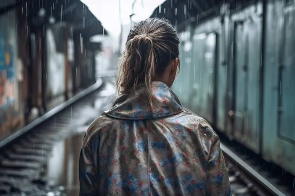 a woman standing on a train platform in the rain with a raincoat on her shoulders and a train in the background, with a train on the tracks.