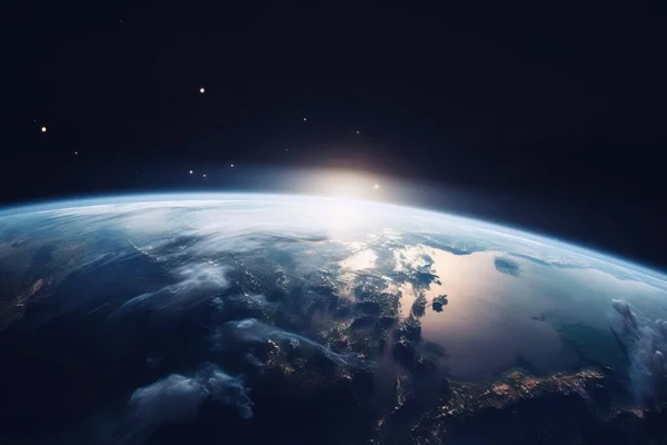 the sun is shining over the earth from space, with clouds and stars in the sky, and the earth in the foreground, and the sun shining on the right side of the horizon.