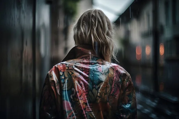 a woman walking down a street in the rain with an umbrella over her head and a jacket over her shoulder with a pattern on it.